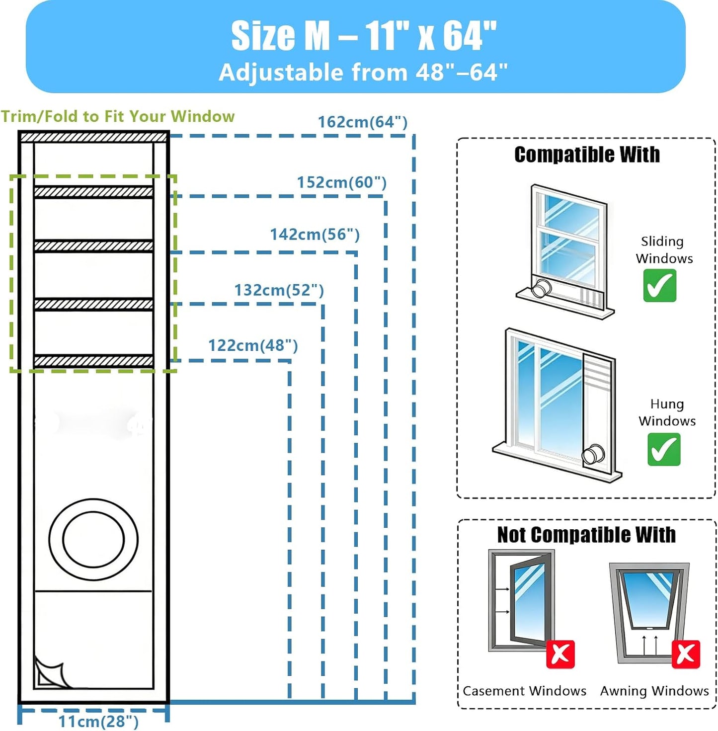 Window Seal Kit for Portable Air Conditioner Sliding Windows Portable AC Window Vent Kit Trim/Fold-to-Fit (11x64inch / 28x162cm)