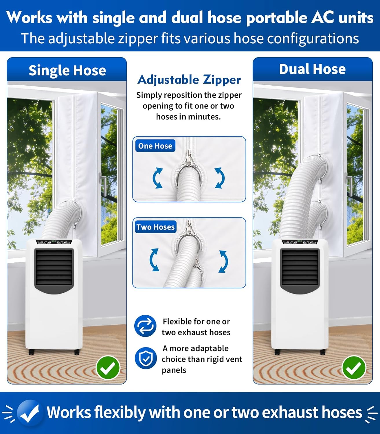 Portable AC Window Seal Kit for Casement & Crank Windows, 300CM/118" No-Drill Window Vent Kit, Adjustable Zipper Seal for Single & Dual Hose Portable Air Conditioners, Waterproof AC Window Kit