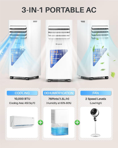 Lovewind 10000 BTU Portable Air Conditioner,4-in-1 Room AC Unit for Bedroom | Cools to 63°F/Covers 450 sq ft/Installs in 10 Mins/4-in-1: Cool Fan Dry 24H Sleep Mode/Rolling Wheel
