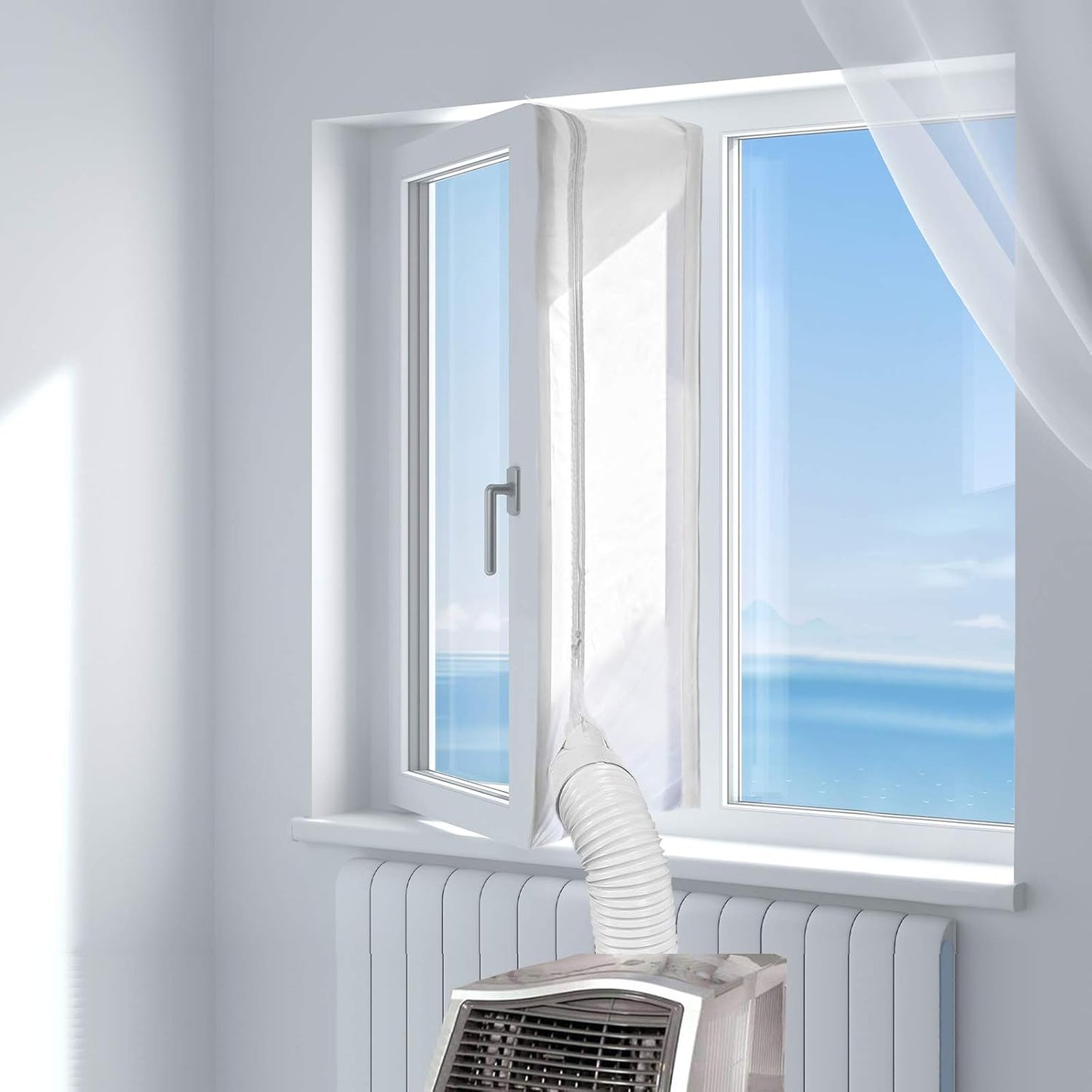 HOOMEE 157”(400CM) Universal Window Seal for Mobile Air Conditioner and Tumble Dryer – Window Kit Works with Portable AC, Easy to Install - Air Exchange Guards with Zip and Adhesive Fastener