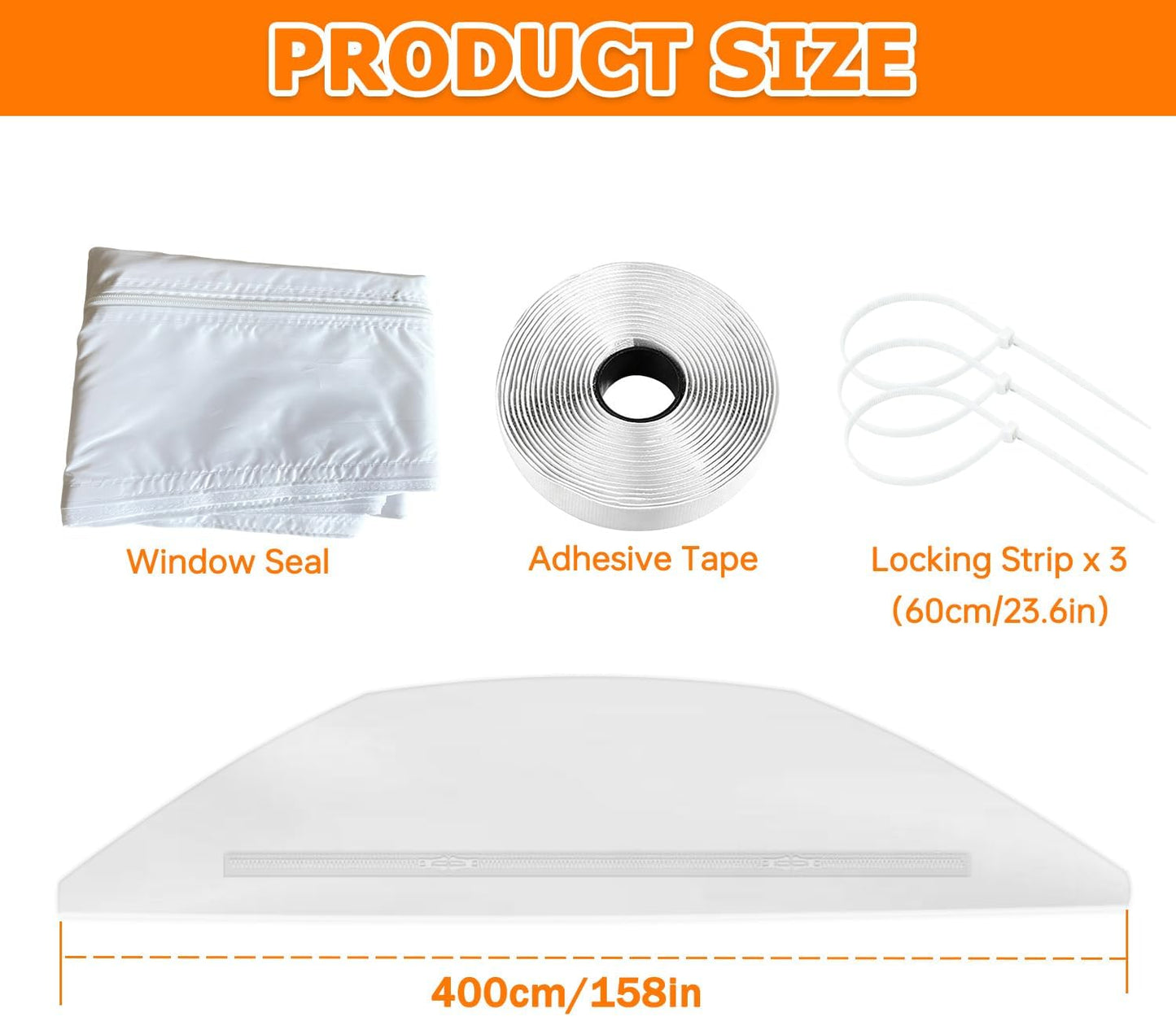 400CM(157") Portable Air Conditioner Window Seal Kit, Window Vent Seal Kit for Portable Air Conditioner Dryer, with Zip and Adhesive Fastener