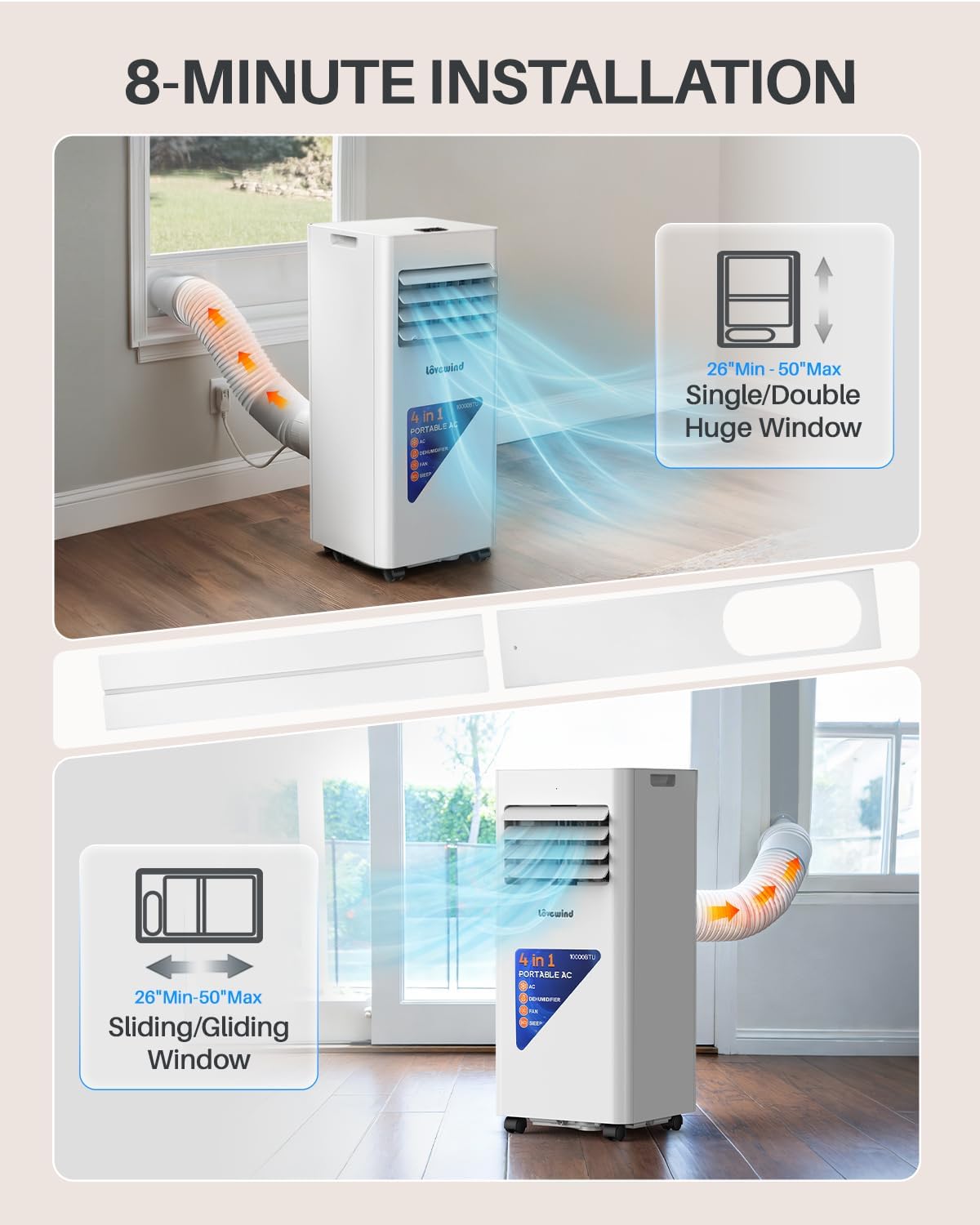 Lovewind 10000 BTU Portable Air Conditioner,4-in-1 Room AC Unit for Bedroom | Cools to 63°F/Covers 450 sq ft/Installs in 10 Mins/4-in-1: Cool Fan Dry 24H Sleep Mode/Rolling Wheel