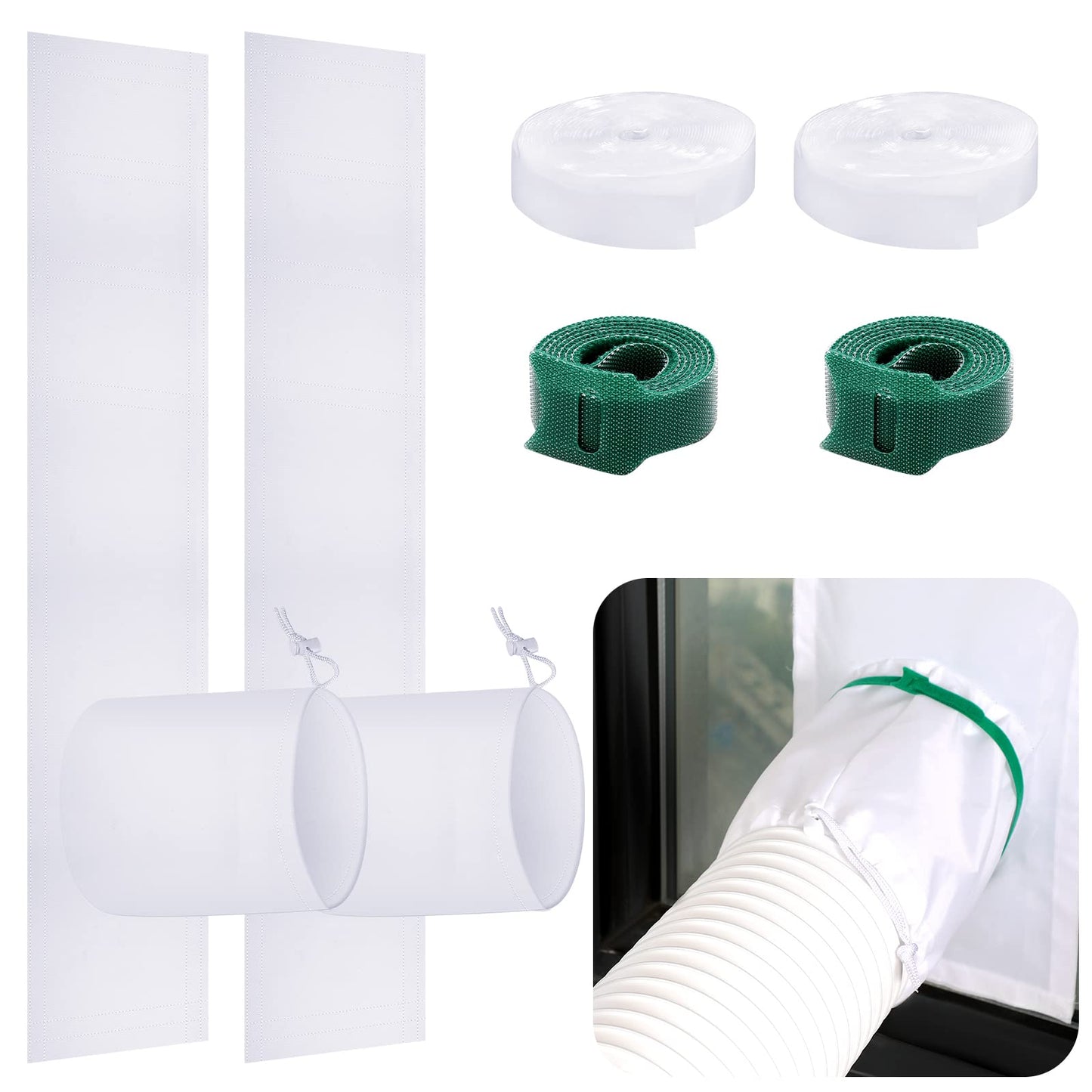 Dandat 2 Set Portable Ac Window Kit Window Seal for Portable Air Conditioner Adjustable Vent Kit with Drawstring and Adhesive Fastener for Dryer Hose Casement Door(75 to 91 Inches)