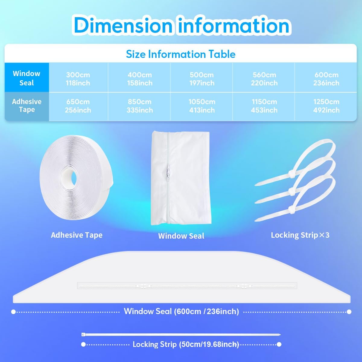 Gruntbear 600CM Universal Window Seal for Portable Air Conditioner, 236 Inch Portable AC Window Seal with Zip and Adhesive Fastener Works with Tumble Dryer, Easy to Install