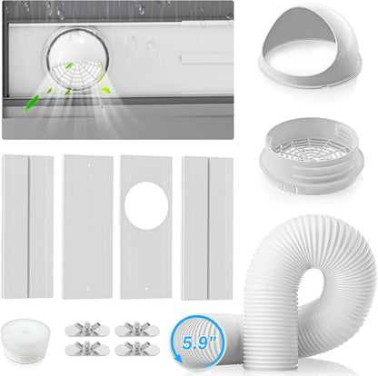 YJHome Portable AC Window Vent Kit with 5.9" Exhaust Hose & Universal Coupler, Air Conditioner Window Seal Kit with Plates, Upgraded Rain Cover, Portable Air Conditioner Window Kit for Sliding Window
