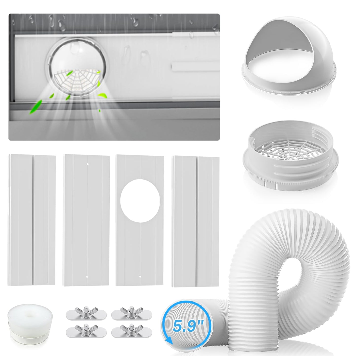 YJHome Portable AC Window Vent Kit with 5.9" Exhaust Hose & Universal Coupler, Air Conditioner Window Seal Kit with Plates, Upgraded Rain Cover, Portable Air Conditioner Window Kit for Sliding Window