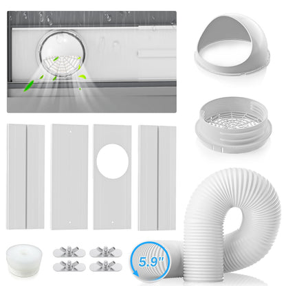 YJHome Portable AC Window Vent Kit with 5.9" Exhaust Hose & Universal Coupler, Air Conditioner Window Seal Kit with Plates, Upgraded Rain Cover, Portable Air Conditioner Window Kit for Sliding Window