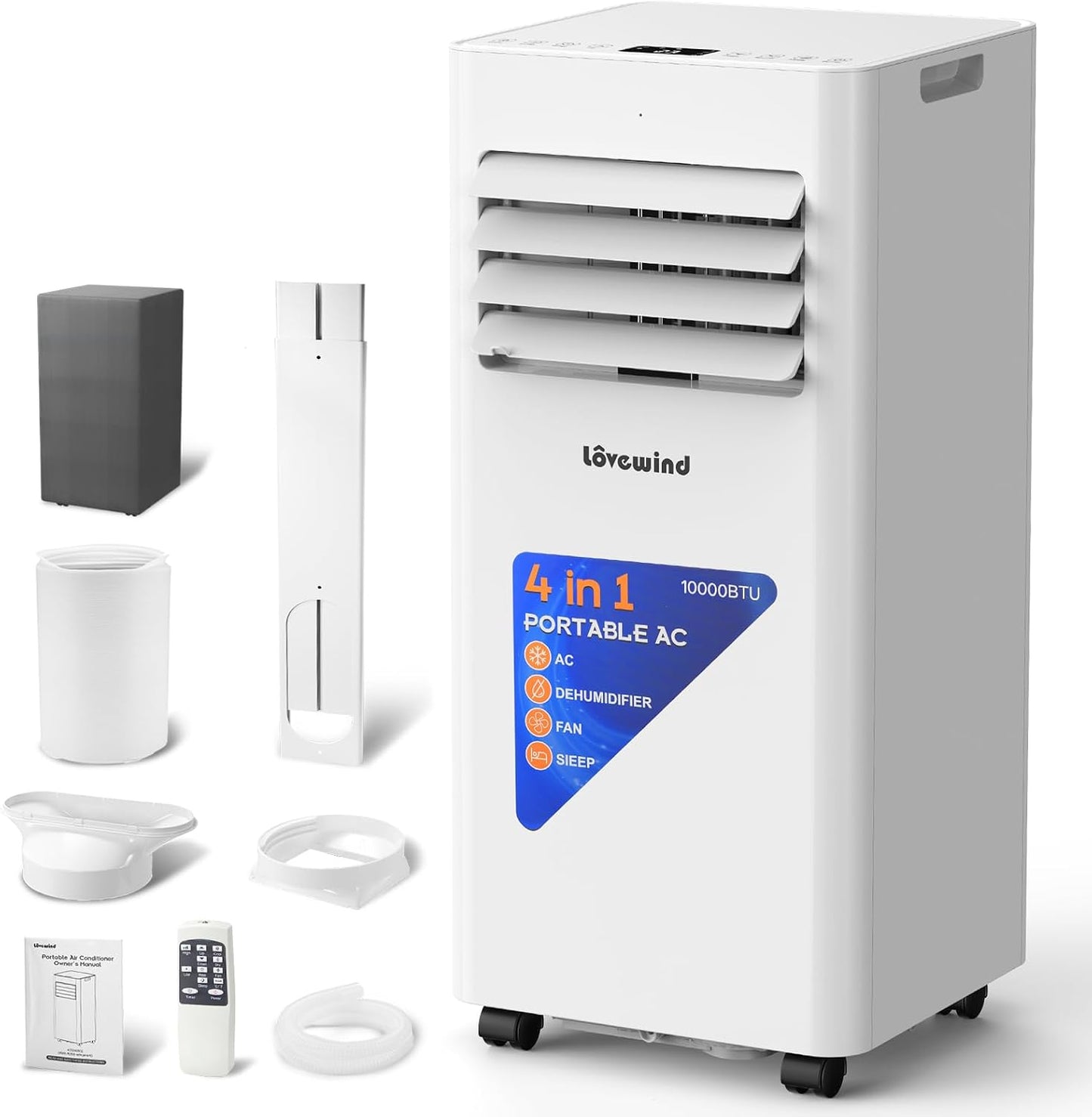 Lovewind 10000 BTU Portable Air Conditioner,4-in-1 Room AC Unit for Bedroom | Cools to 63°F/Covers 450 sq ft/Installs in 10 Mins/4-in-1: Cool Fan Dry 24H Sleep Mode/Rolling Wheel