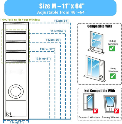 Window Seal Kit for Portable Air Conditioner Sliding Windows Portable AC Window Vent Kit Trim/Fold-to-Fit (11x64inch / 28x162cm)