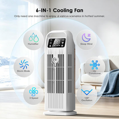Portable Air Conditioners, 4 IN 1 Evaporative Air Cooler, 1200ML Water Tank, 3 Speeds & Storm Mode & Mist Spray, 120° Auto Oscillation, 12H Timer, Quiet Tower Cooling Fan for Room, Bedroom - White ﻿