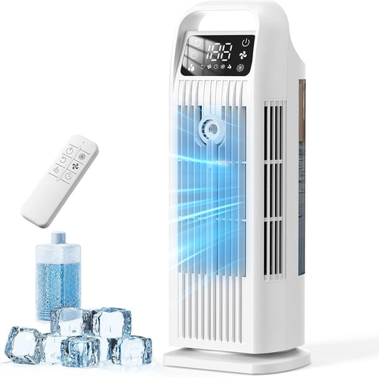Portable Air Conditioners, 4 IN 1 Evaporative Air Cooler, 1200ML Water Tank, 3 Speeds & Storm Mode & Mist Spray, 120° Auto Oscillation, 12H Timer, Quiet Tower Cooling Fan for Room, Bedroom - White ﻿