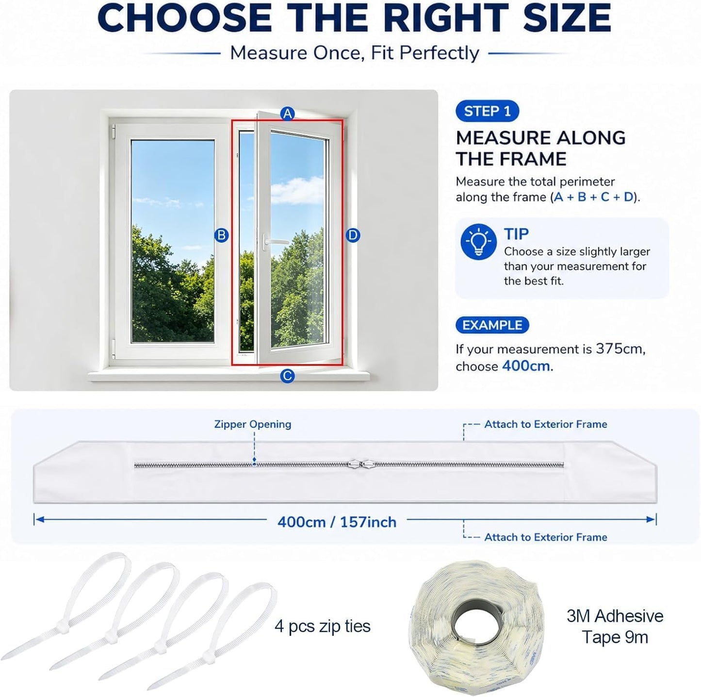 Portable AC Window Seal Kit, 157" Adjustable Zipper Seal, Waterproof Window Vent Kit for Single/Dual Hose, Crank Out, Awning, and Skylights