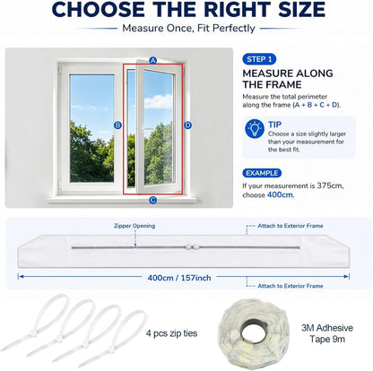 Portable AC Window Seal Kit, 157" Adjustable Zipper Seal, Waterproof Window Vent Kit for Single/Dual Hose, Crank Out, Awning, and Skylights