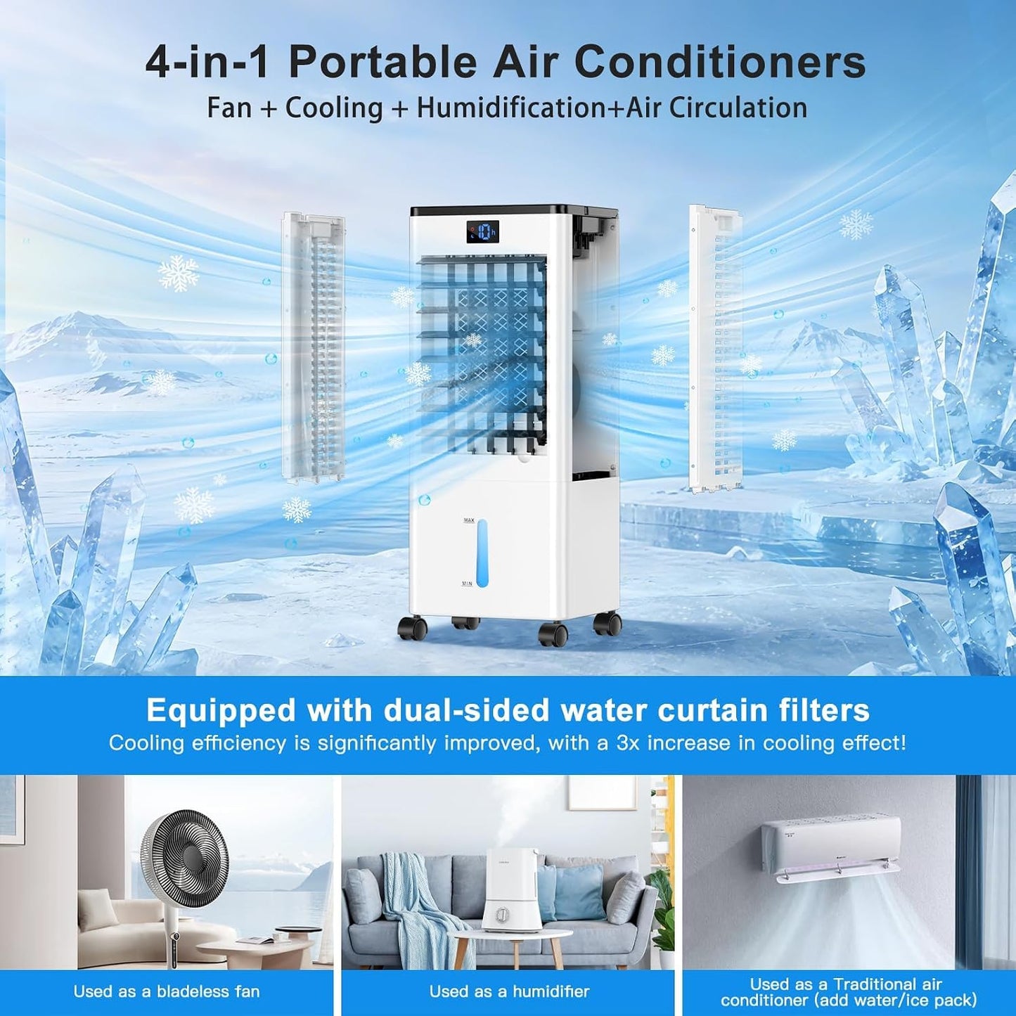 Portable Air Conditioners,3-in-1 Evaporative Cooling Fans that Blow Cold Air, 4 Modes 3 Speeds, 12H Timer & Remote, 120°Oscillation, Windowless Portable AC Swamp Cooler w/ 8L Tank for Home Bedroom