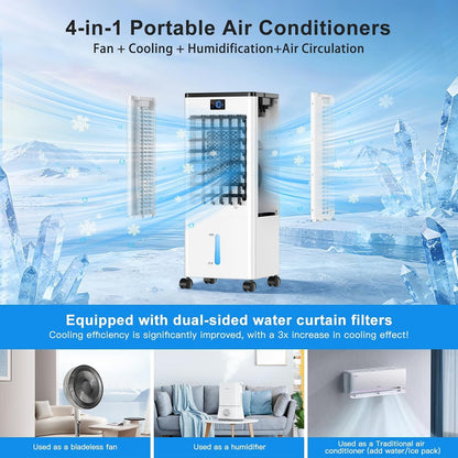Portable Air Conditioners,3-in-1 Evaporative Cooling Fans that Blow Cold Air, 4 Modes 3 Speeds, 12H Timer & Remote, 120°Oscillation, Windowless Portable AC Swamp Cooler w/ 8L Tank for Home Bedroom