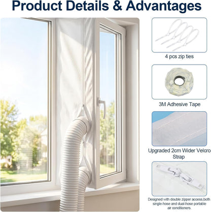 Portable AC Window Seal Kit, 157" Adjustable Zipper Seal, Waterproof Window Vent Kit for Single/Dual Hose, Crank Out, Awning, and Skylights
