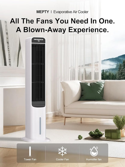 MEPTY 3-IN-1 Evaporative Air Cooler, Cooling Fans that Blow Cold Air with 120° Oscillation, 12H Timer, 3 Speeds, Portable Swamp Cooler for Indoor Use, Windowless Portable Air Conditioners