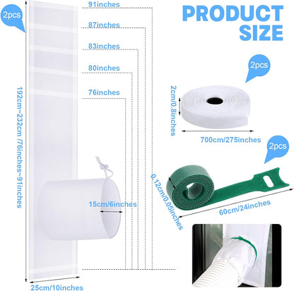 Dandat 2 Set Portable Ac Window Kit Window Seal for Portable Air Conditioner Adjustable Vent Kit with Drawstring and Adhesive Fastener for Dryer Hose Casement Door(75 to 91 Inches)