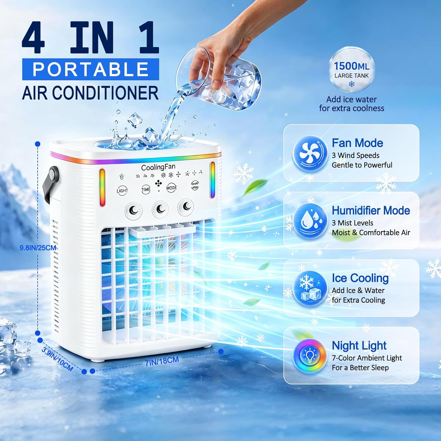 2026 New 1500ML Small Portable Air Conditioner, Portable AC for Car, Cooling Fan for Bedroom with 3 Modes & 3 Speeds, 7-Color LED Light & Remote Control for Office, Camping & Travel (1PCS)