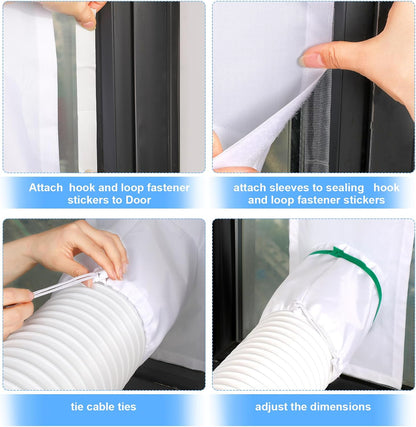 Dandat 2 Set Portable Ac Window Kit Window Seal for Portable Air Conditioner Adjustable Vent Kit with Drawstring and Adhesive Fastener for Dryer Hose Casement Door(75 to 91 Inches)
