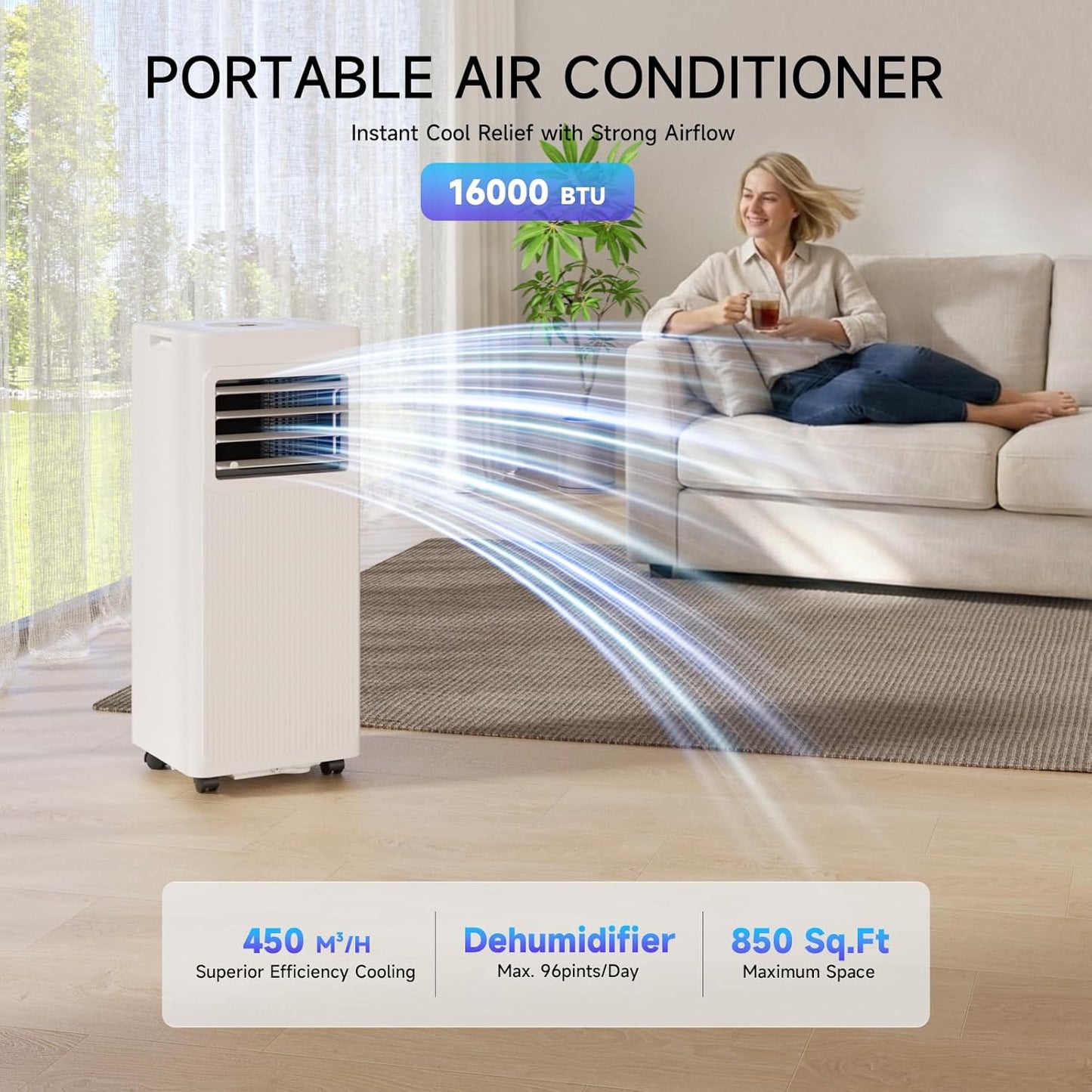 Portable Air Conditioners 16,000 BTU 5-in-1 Air Conditioner Portable Up to 850 Sq.Ft., Portable AC Unit with Cool, Fan, Dehumidifier, 24H Timer, Sleep Smart WiFi Remonte Installation Kit Included