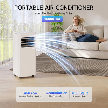 Portable Air Conditioners 16,000 BTU 5-in-1 Air Conditioner Portable Up to 850 Sq.Ft., Portable AC Unit with Cool, Fan, Dehumidifier, 24H Timer, Sleep Smart WiFi Remonte Installation Kit Included