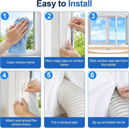 Portable AC Window Seal Kit, 157" Adjustable Zipper Seal, Waterproof Window Vent Kit for Single/Dual Hose, Crank Out, Awning, and Skylights