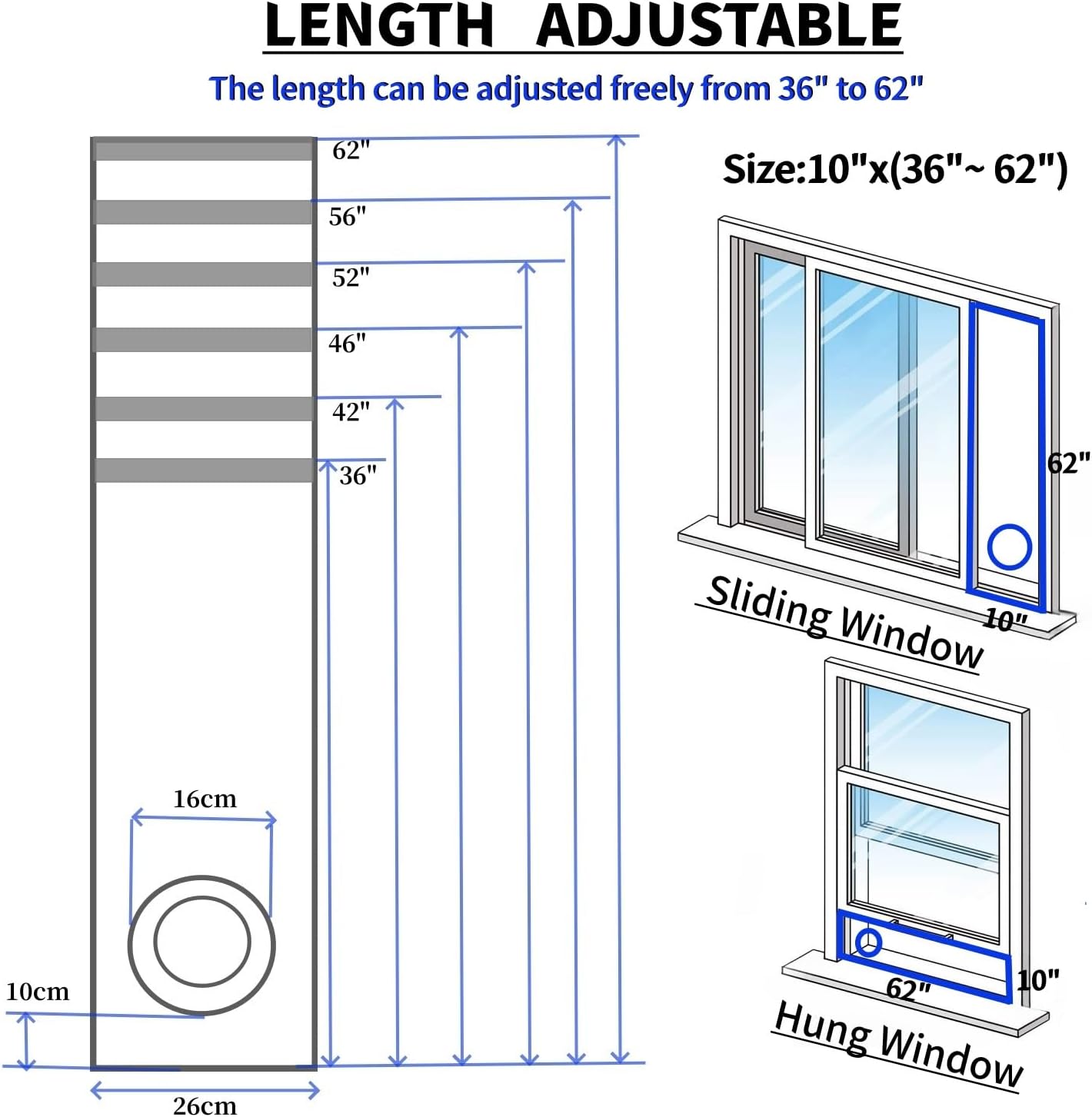 Portable Air Conditioner Window Seal Kit,10In x 36~62 Inch Full Sealing AC Window Vent Seal Kit for Mobile Air Conditioner & Dryer,Length Adjustable,Waterproof & Easy to Install