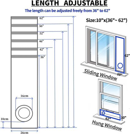 Portable Air Conditioner Window Seal Kit,10In x 36~62 Inch Full Sealing AC Window Vent Seal Kit for Mobile Air Conditioner & Dryer,Length Adjustable,Waterproof & Easy to Install