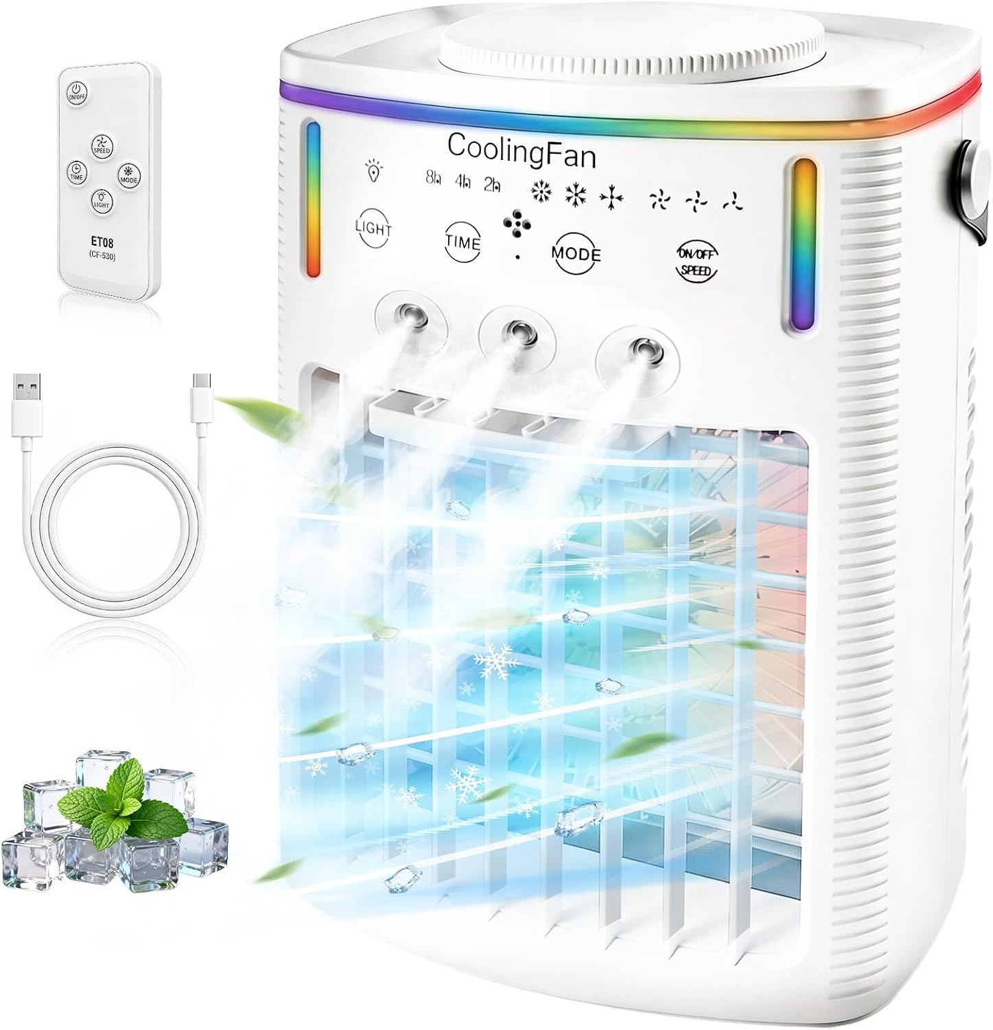 2026 New 1500ML Small Portable Air Conditioner, Portable AC for Car, Cooling Fan for Bedroom with 3 Modes & 3 Speeds, 7-Color LED Light & Remote Control for Office, Camping & Travel (1PCS)