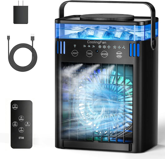 Portable Air Conditioner, Mini Air Conditioner Portable AC Unit with Remote, 3 Speeds & 3 Mist, 2-8H Timer & 7 Light, Evaporative Air Cooler Fan for Room Office Desk Home Dorm