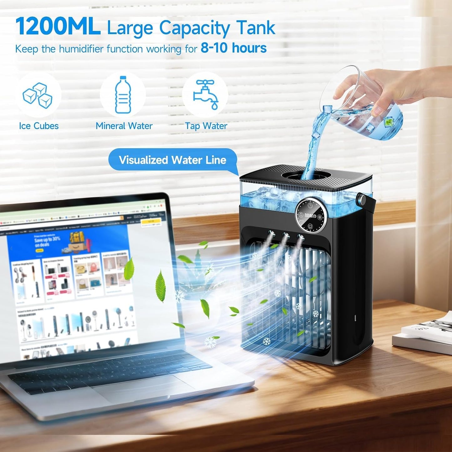 Portable Air Conditioners, 4 in 1 Evaporative Air Cooler with 1200ML Tank, Queit Cooling Fan with Remote Control, 2-8H Timer, 3 Modes & 8 LED Lights, Personal AC Unit for Bedroom, Office and Camping