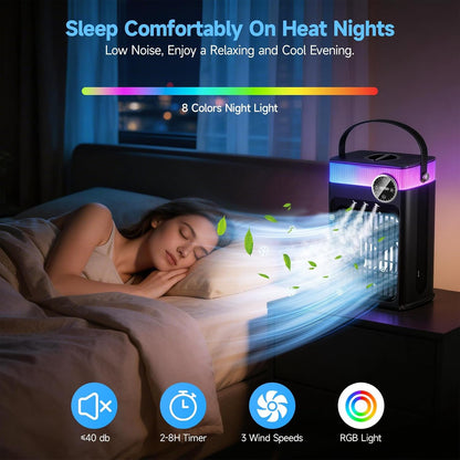 Portable Air Conditioners, 4 in 1 Evaporative Air Cooler with 1200ML Tank, Queit Cooling Fan with Remote Control, 2-8H Timer, 3 Modes & 8 LED Lights, Personal AC Unit for Bedroom, Office and Camping
