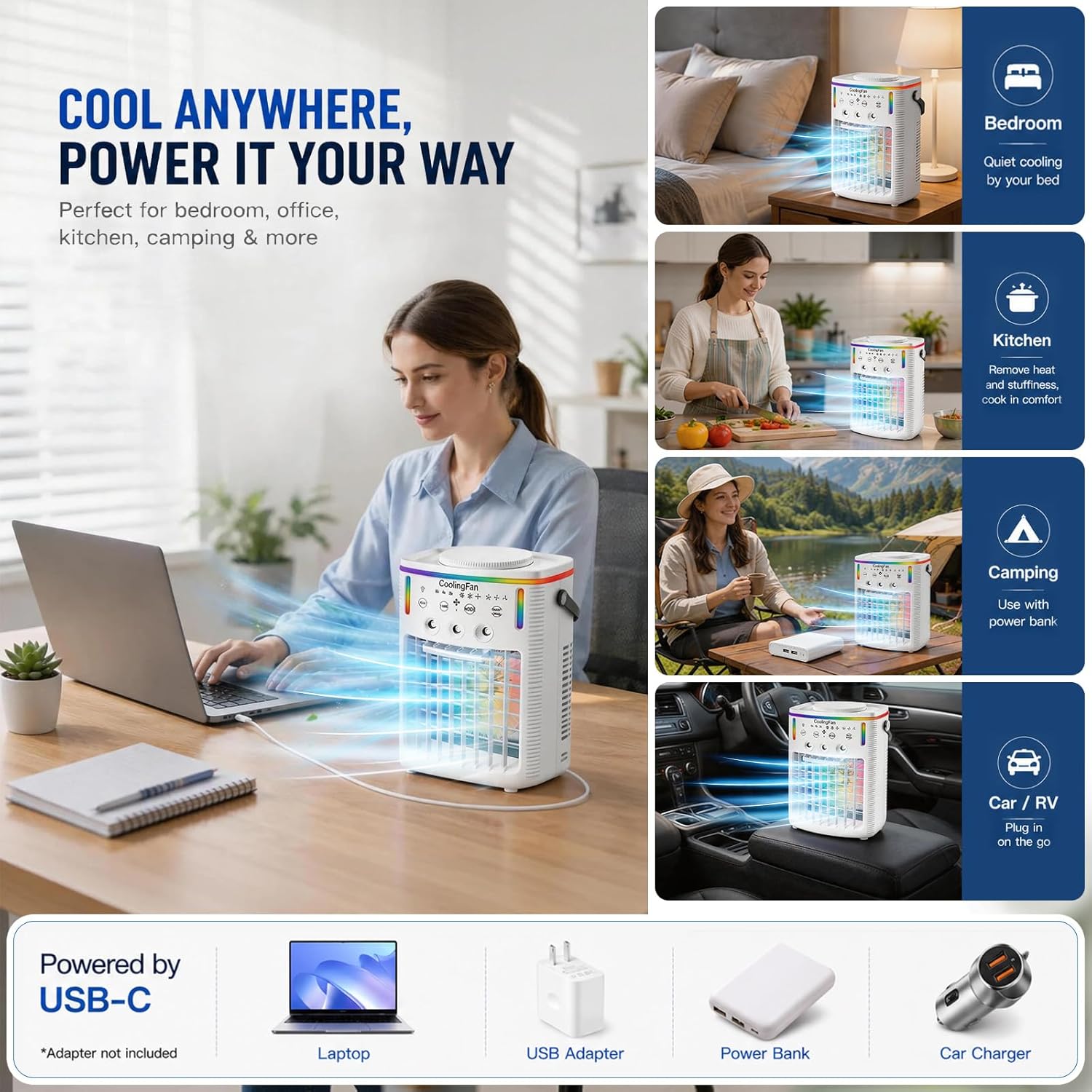 2026 New 1500ML Small Portable Air Conditioner, Portable AC for Car, Cooling Fan for Bedroom with 3 Modes & 3 Speeds, 7-Color LED Light & Remote Control for Office, Camping & Travel (1PCS)
