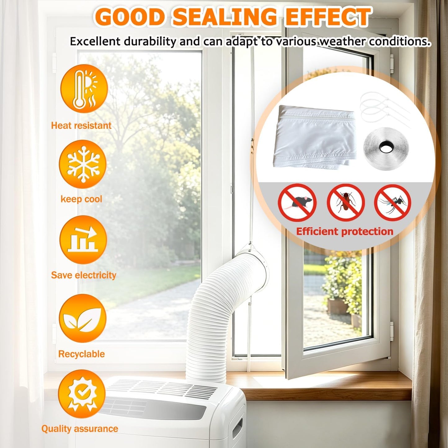 400CM(157") Portable Air Conditioner Window Seal Kit, Window Vent Seal Kit for Portable Air Conditioner Dryer, with Zip and Adhesive Fastener