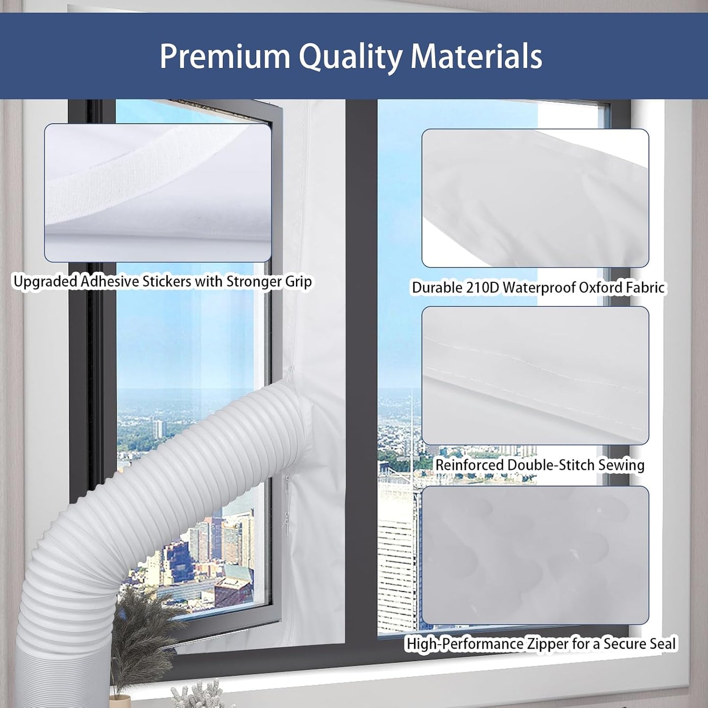Portable Air Conditioner Window Seal Kit, 300CM (118") AC Casement, Hot Air Stop Air Exchange Guards with Zip and Adhesive Fastener Works with Mobile Air-Conditioning, Keep House Cool