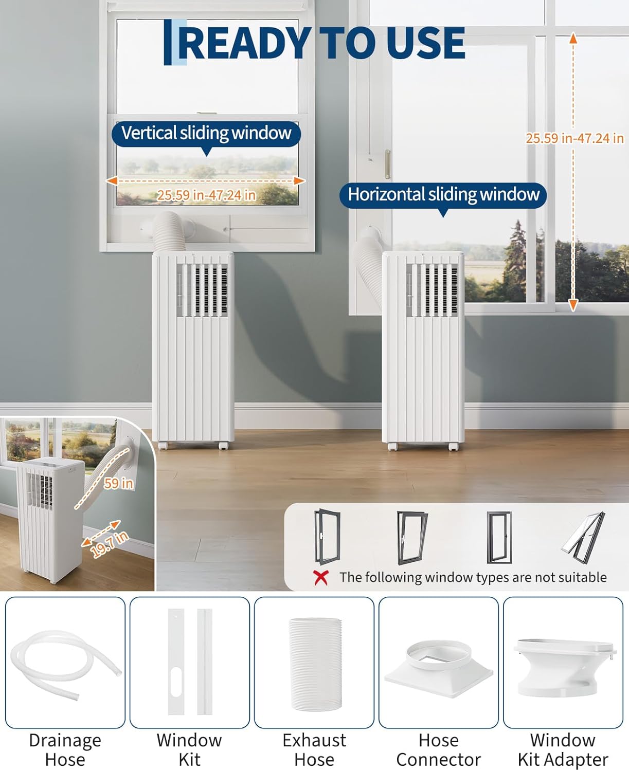 Garvee 8000 BTU Portable Air Conditioner, Complete Window Kit & Remote Included - Easy Setup, Cools 350 Sq. Ft Rooms, 24-Hr Timer, Sleep Mode, Quiet Operation, White