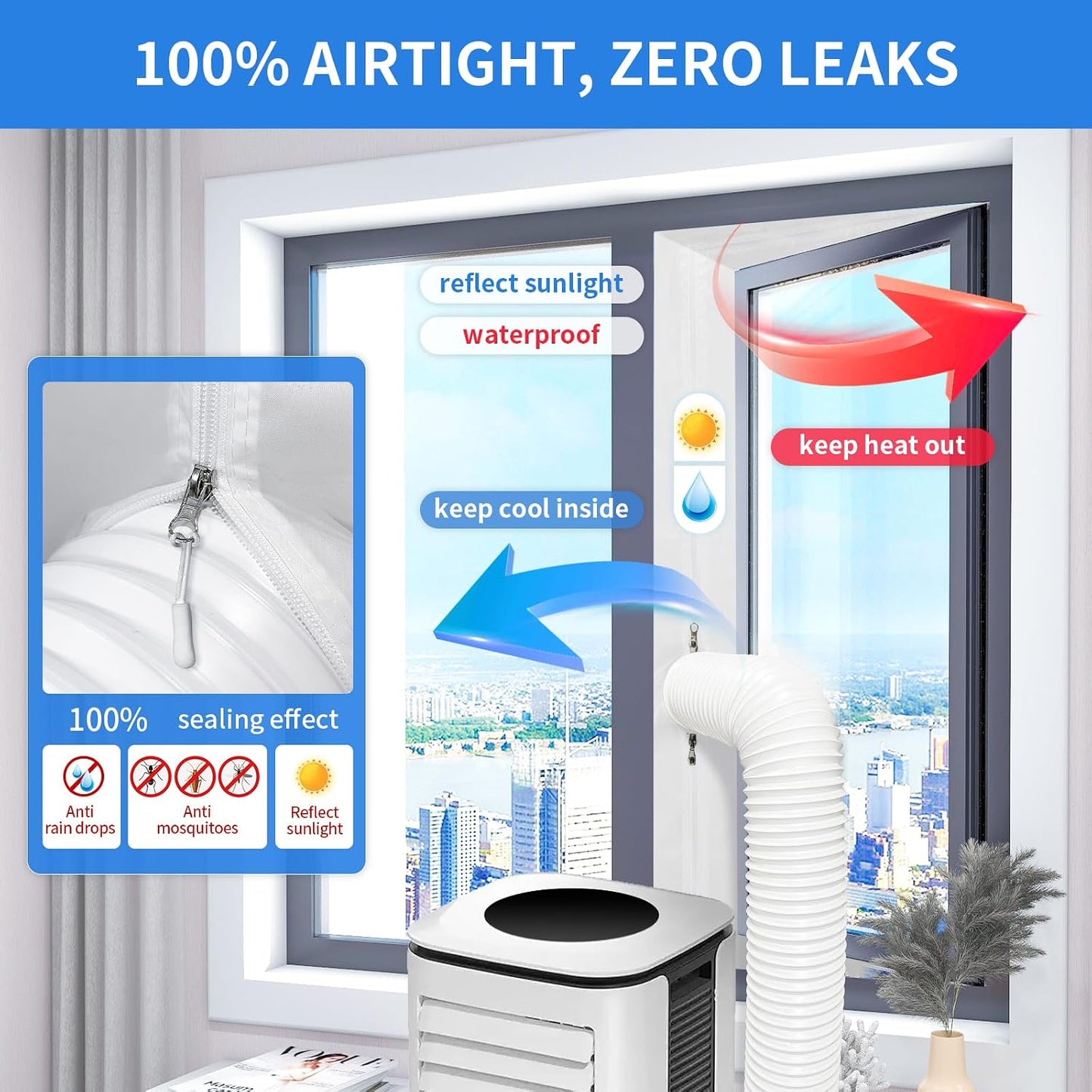 FSEN 400CM Universal Window Seal Kit for Portable AC - Heavy-Duty Oxford Fabric, No-Drill Waterproof Cover with Zipper & 2xVelcro, Fits Sliding/Crank-Out/Skylight Windows，Dust & Saves Energy (157")
