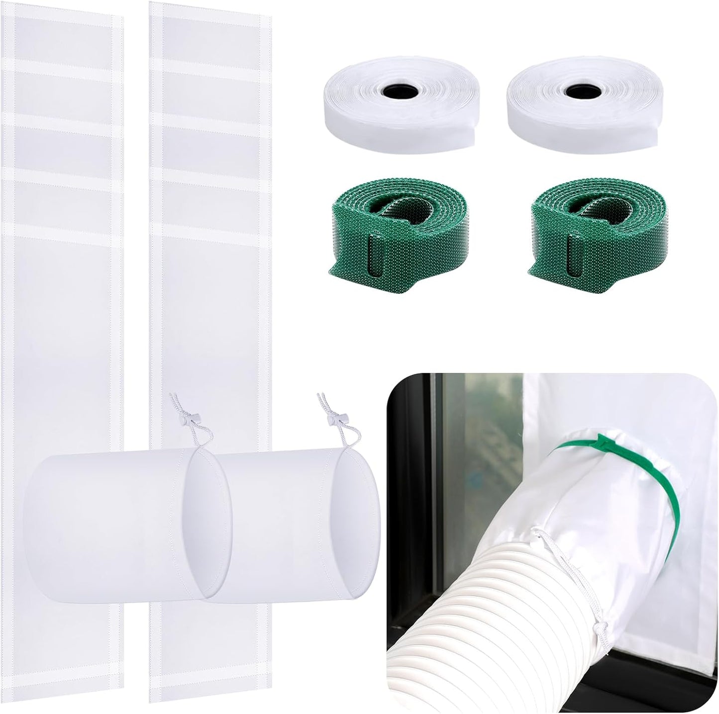 Dandat 2 Set Portable Ac Window Kit Window Seal for Portable Air Conditioner Adjustable Vent Kit with Drawstring and Adhesive Fastener for Dryer Hose Casement Door(75 to 91 Inches)