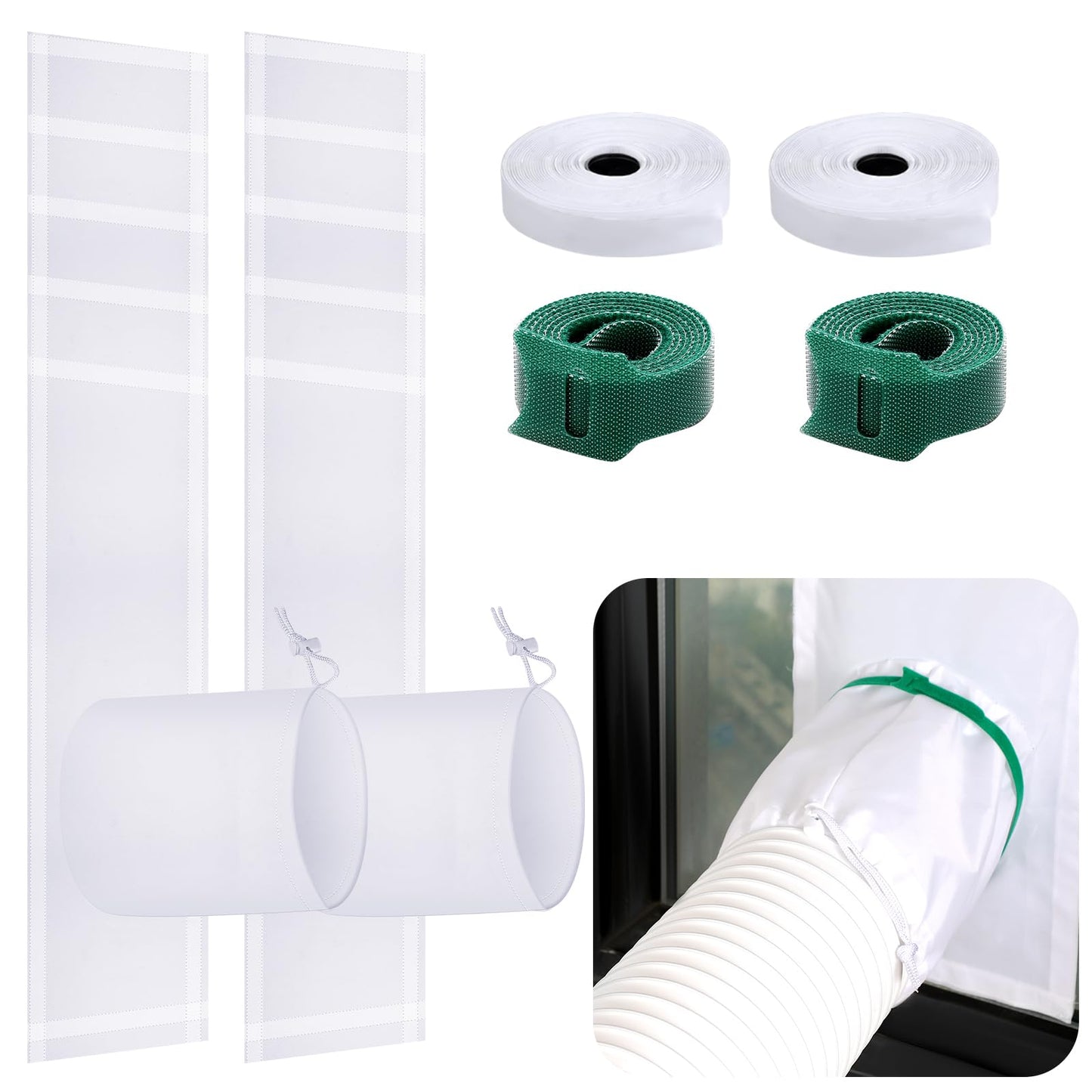 Dandat 2 Set Portable Ac Window Kit Window Seal for Portable Air Conditioner Adjustable Vent Kit with Drawstring and Adhesive Fastener for Dryer Hose Casement Door(75 to 91 Inches)