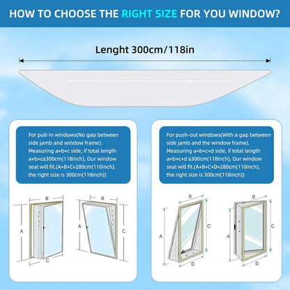 Portable Air Conditioner Window Seal Kit, 300cm/118 Inch Adjustable Window Sealing Strip, Hot Air Stop Air Exchange Guards with Zip & Adhesive Fastener, for Tumble Dryer & Mobile AC