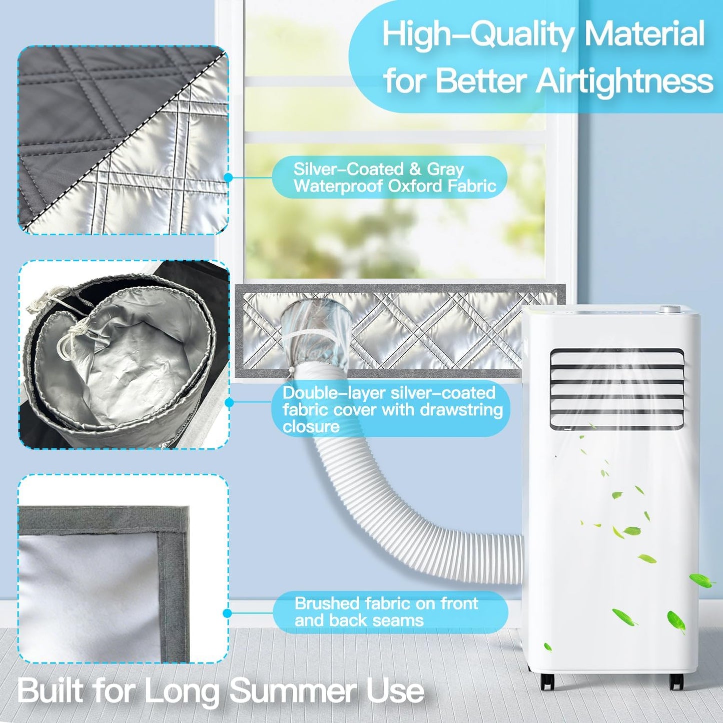 40" Heavy Duty Portable Air Conditioner Window Kit Reflective Aluminum Foil Thermal Shield, 100% Blackout & Waterproof Adjustable Height 3-Layer Insulated Portable AC Window Seal Kit