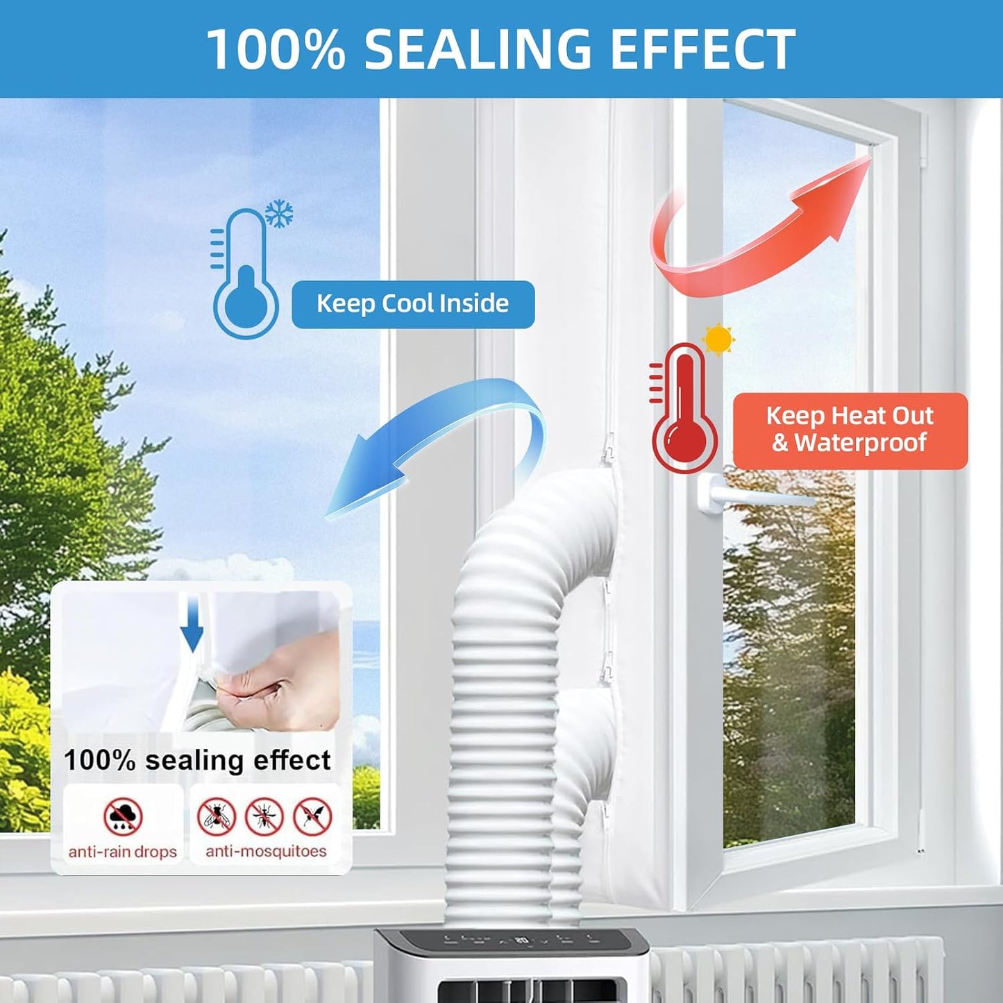 Portable Air Conditioner Window Seal Kit, 300cm/118 Inch Adjustable Window Sealing Strip, Hot Air Stop Air Exchange Guards with Zip & Adhesive Fastener, for Tumble Dryer & Mobile AC