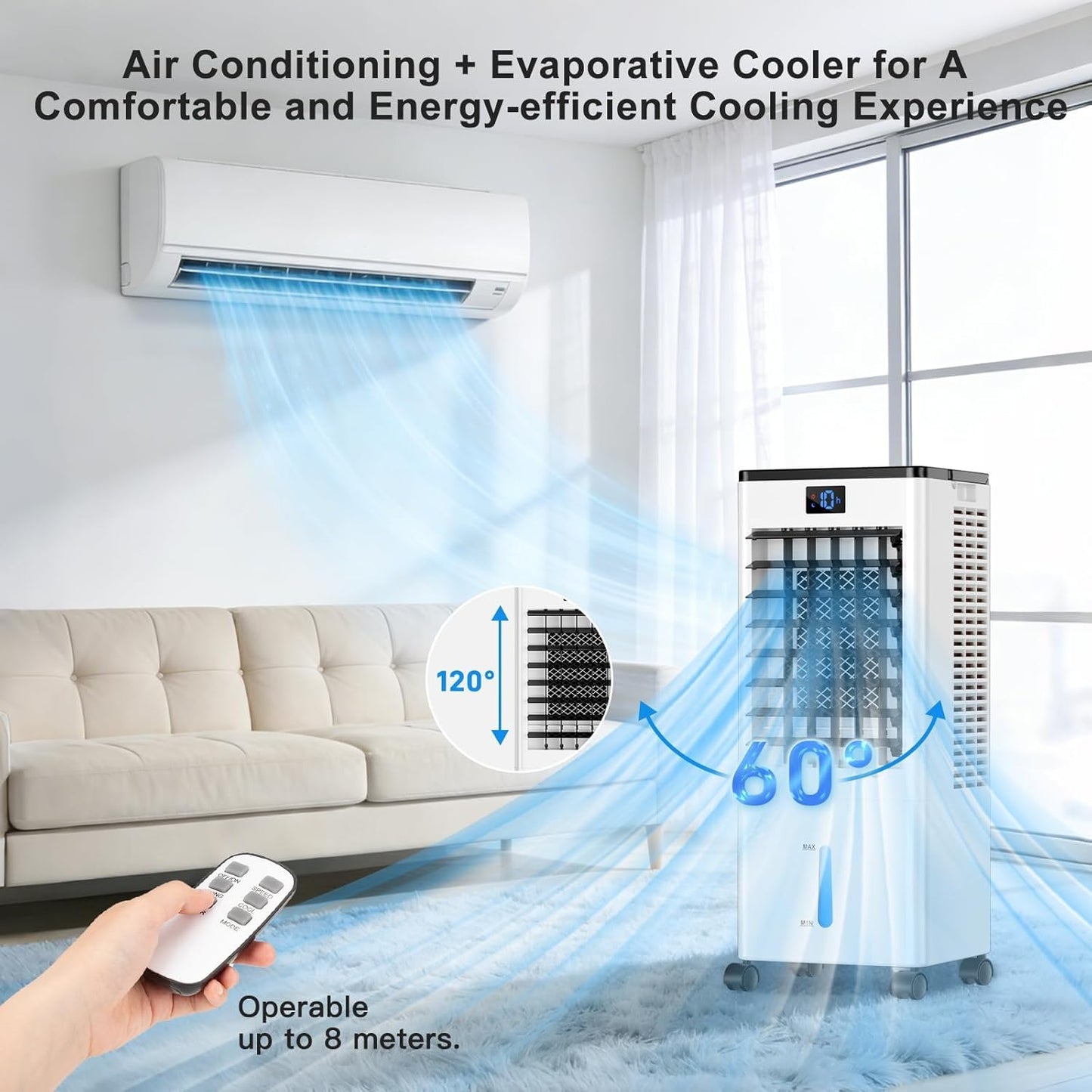 Portable Air Conditioners,3-in-1 Evaporative Cooling Fans that Blow Cold Air, 4 Modes 3 Speeds, 12H Timer & Remote, 120°Oscillation, Windowless Portable AC Swamp Cooler w/ 8L Tank for Home Bedroom