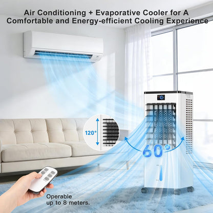 Portable Air Conditioners,3-in-1 Evaporative Cooling Fans that Blow Cold Air, 4 Modes 3 Speeds, 12H Timer & Remote, 120°Oscillation, Windowless Portable AC Swamp Cooler w/ 8L Tank for Home Bedroom