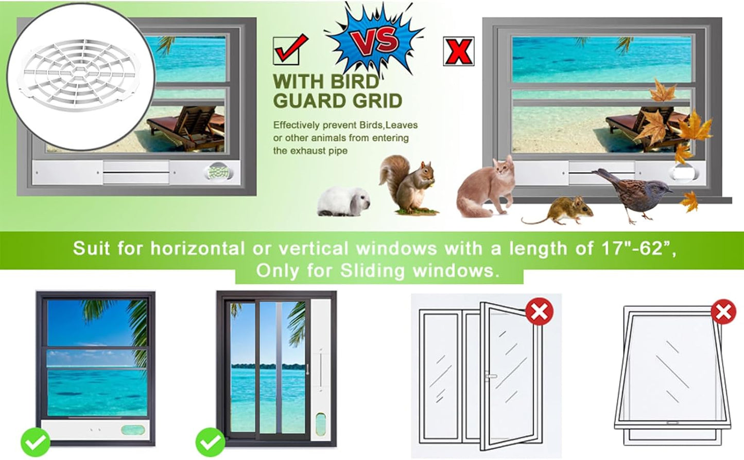 Portable Air Conditioner Window Kit,2-in-1 Universal Window Seal for 5.1"/5.9" Exhaust Hose and Tumble Dryer,Mobile A/C Window Vent Seal Kit with 4 Adjustable Seal Plate