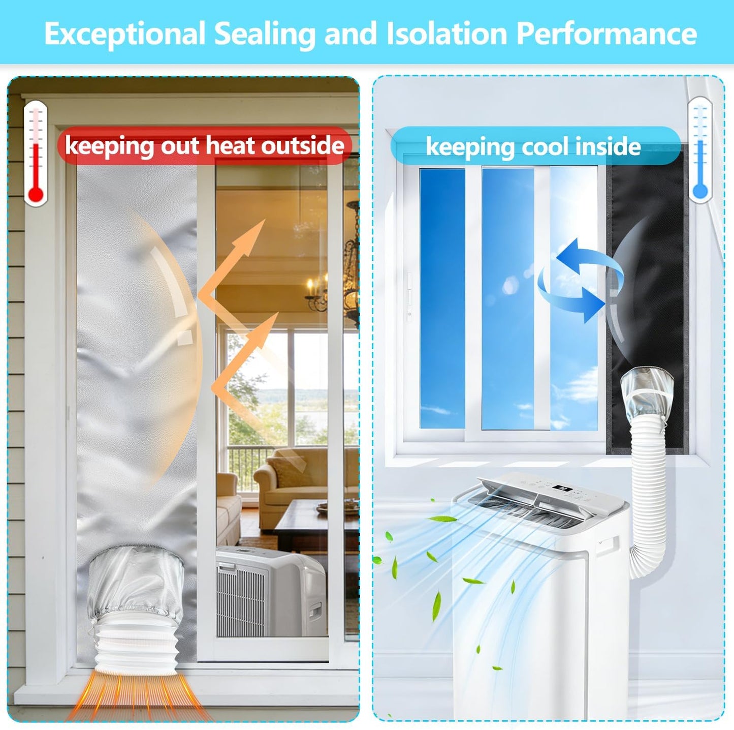 39" portable AC window vent kit,window seal kit silver-coated 100% blackout sealed for portable air conditioner dryer–oxford fabric,waterproof, non-breathable,stops hot backflow, easy to install