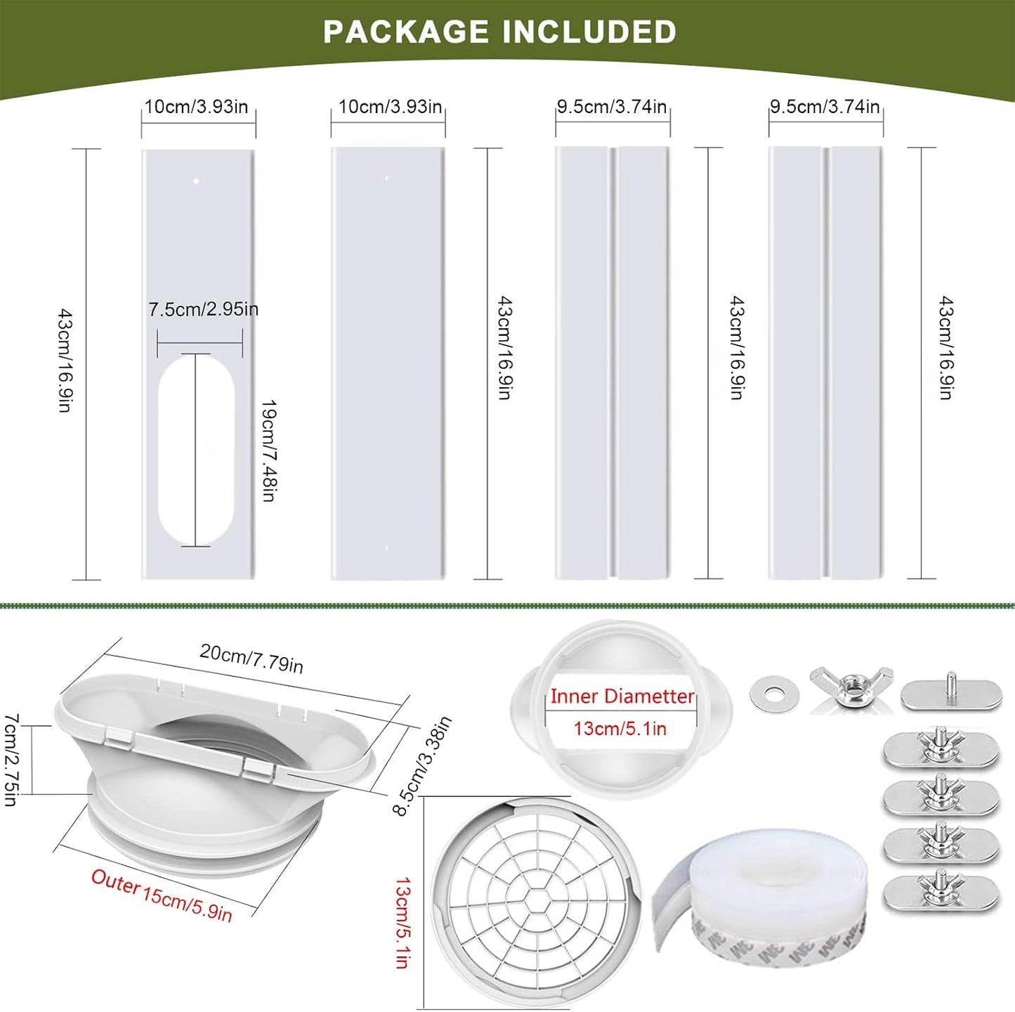Portable Air Conditioner Window Kit,2-in-1 Universal Window Seal for 5.1"/5.9" Exhaust Hose and Tumble Dryer,Mobile A/C Window Vent Seal Kit with 4 Adjustable Seal Plate