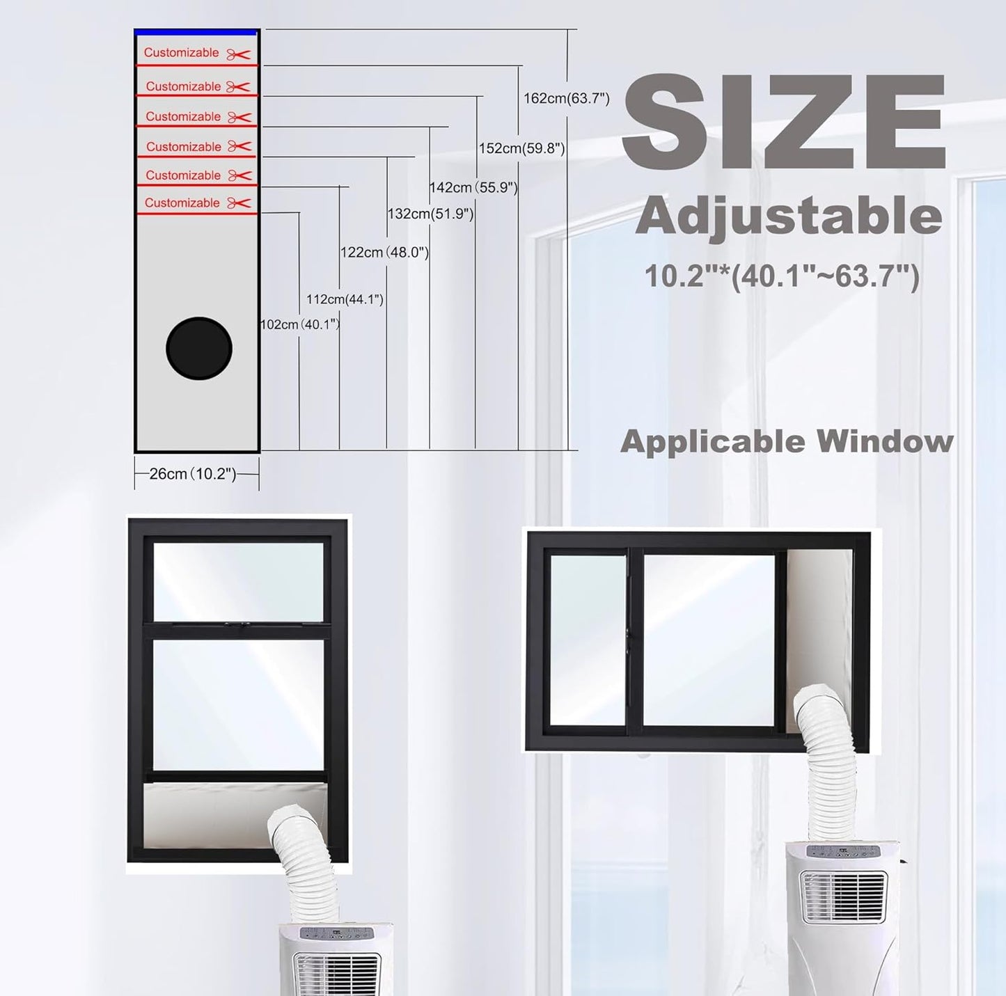 Portable ac Window Vent kit【Titanium Silver+Black 100% Light Block】- Universal Thick Portable Air Conditioner Window Seal for AC and Tumble Dryer - 100% Sealing Waterproof Adjustable(L)