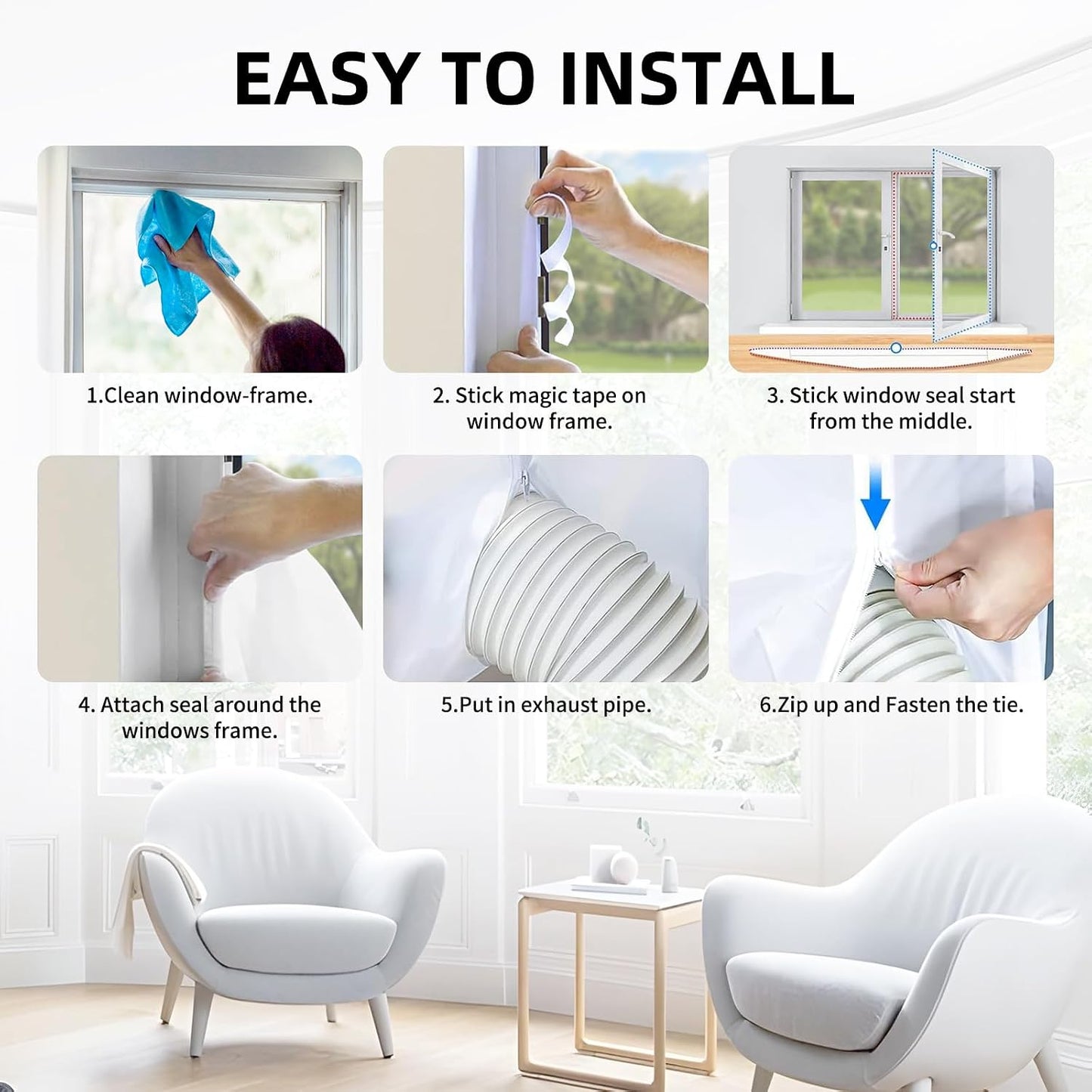 Portable Air Conditioner Window Seal Kit, 300cm/118 Inch Adjustable Window Sealing Strip, Hot Air Stop Air Exchange Guards with Zip & Adhesive Fastener, for Tumble Dryer & Mobile AC